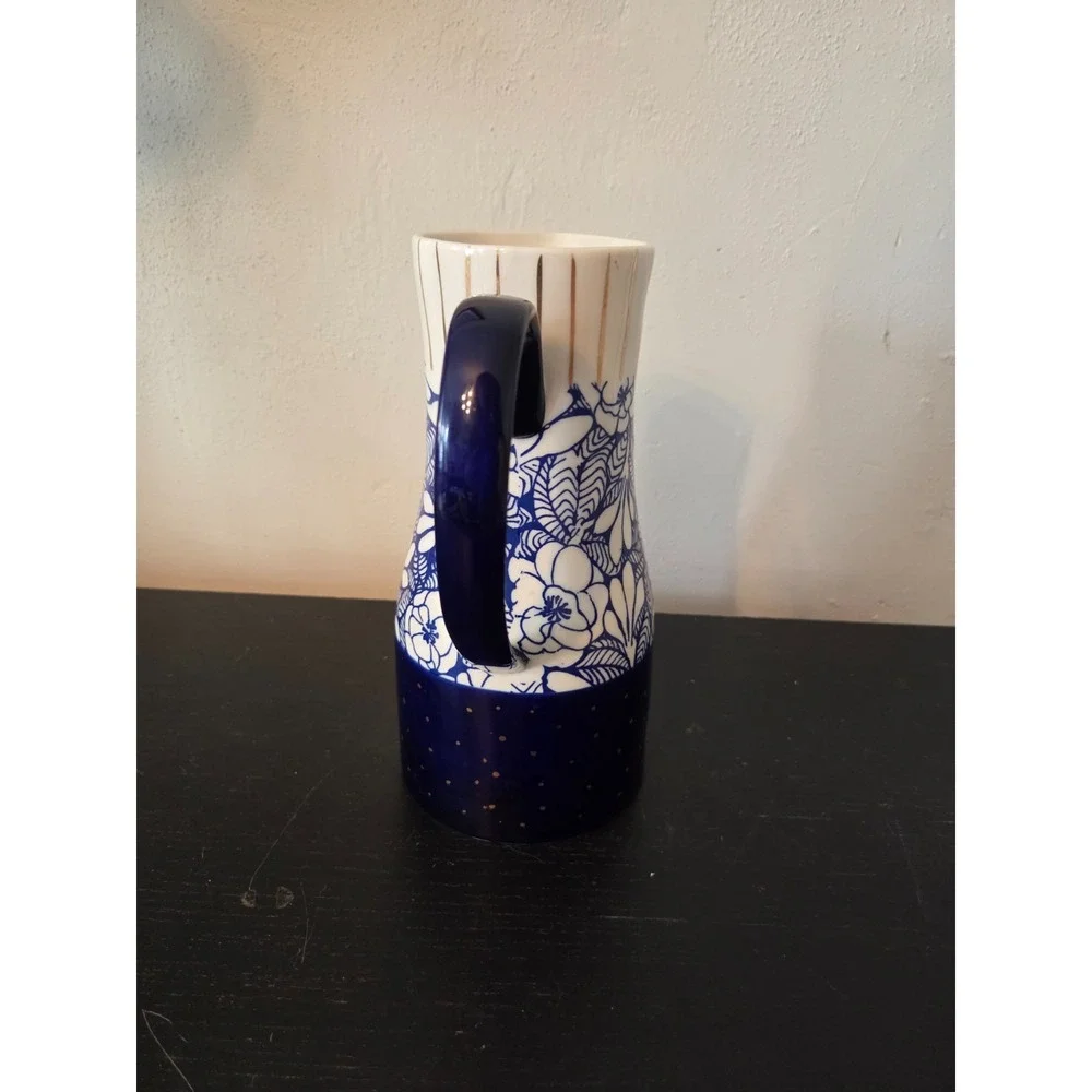 Anthropologie Garden Guest Pitcher Vase Blue Gold Floral Carla Dinnage 9.5''